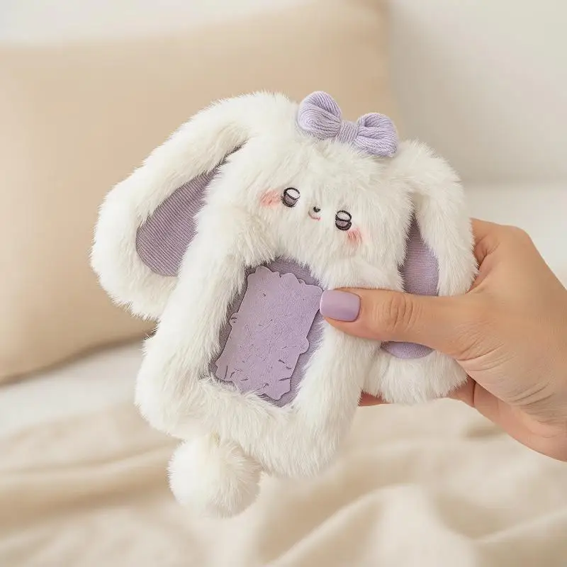 1Pcs Cute Plush Rabbit Photocard Holder Soft Animal Design Cartoon Photo Sleeve for Teen Girls Kpop Collection Daily Use