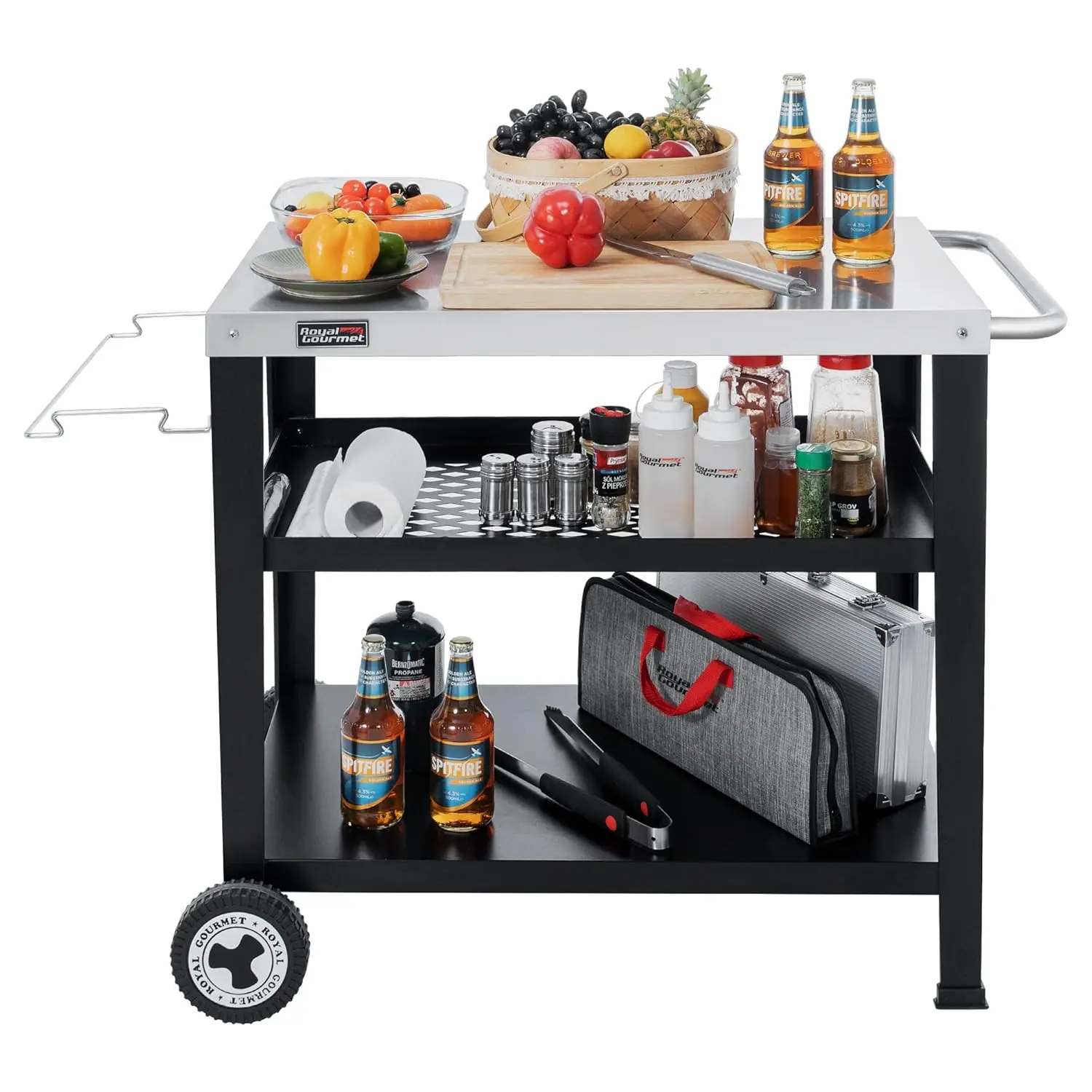 

Movable 3-Shelf Grill Cart with Wheels, 33.5" L x 20" W Stainless Steel Tabletop, Multifunctional Dining Table for, Customized