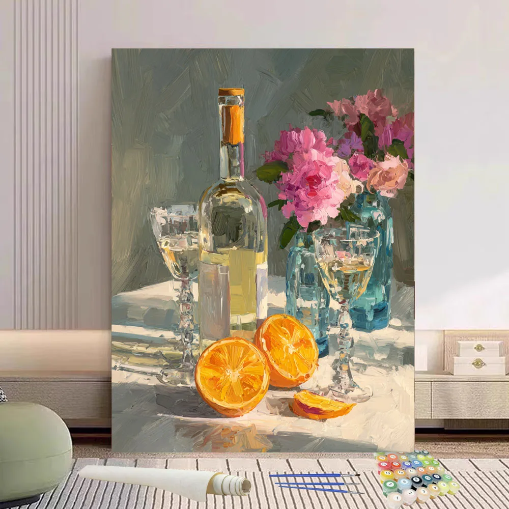 Pintura por números, flores y naranjas al lado del vino, pintura al óleo pintada a mano, lienzo para colorear, regalo único, decoración del hogar