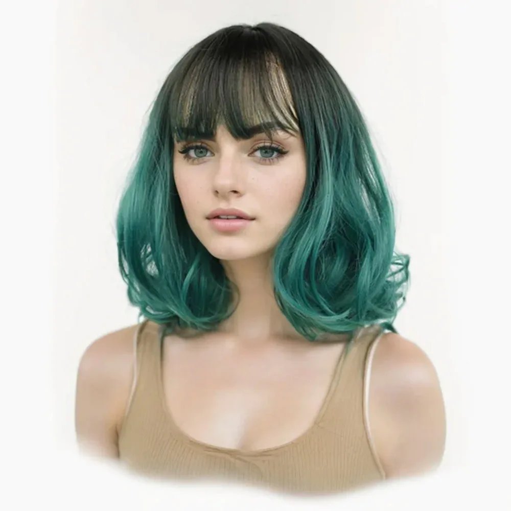 Jeedou Short Wavy Bob Wig Black to Dark Green Ombre Wigs with Bangs Synthetic Stylish Unique for Cosplay & Daily Use