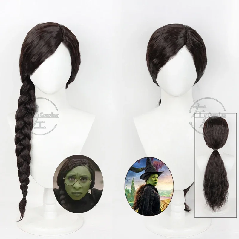 Elphaba Cosplay Wig 2024 Movie Wicked Elphaba 2 Styles Cosplay Dark Brown Braids Long Hair Synthetic Wig Halloween Party Suits