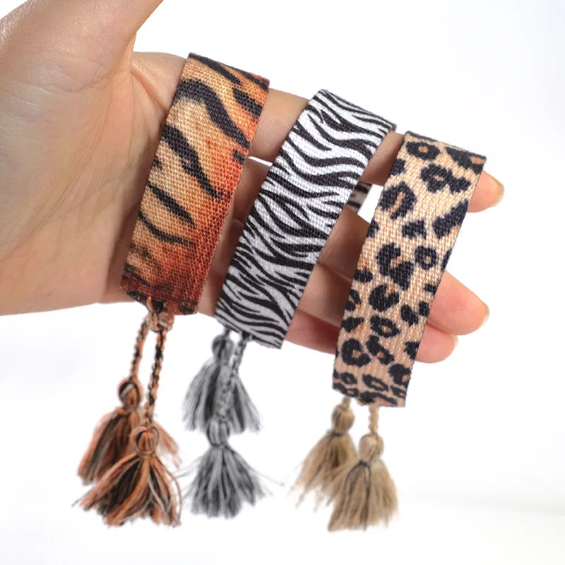 Leopard Adjustable Lace Up Wrap Bracelet Bohemian Handmade Weave Fabric Tassels Cotton Bracelets Femme Friendship Jewelry Gift