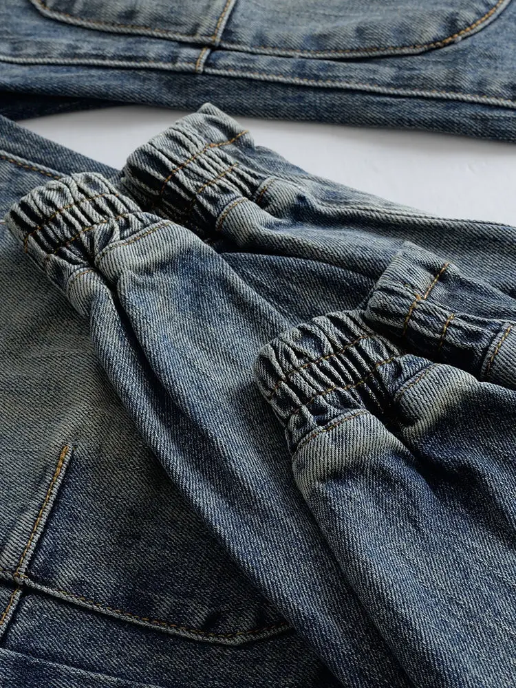 Men\'s Dark Blue Distressed Denim Cargo Pants with Knee Patches Loose Fit Cuffed Ankle Jeans Casual Leggings Drawstring Trousers