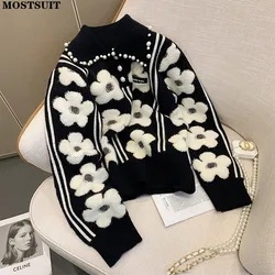 Pearl Beading Floral Knitted Women Sweater Tops 2022 Autumn Winter Vintage Elegant Ladies Pullover Long Sleeve Fashion Jumpers