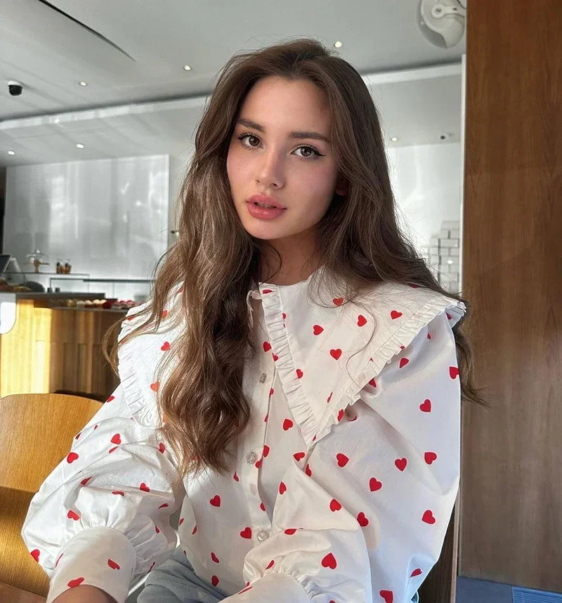 Love Heart Printed Shirt Women Cute Peter Pan Collar Cotton Shirt Blouse Lantern Sleeve Long Oversized Shirt White
