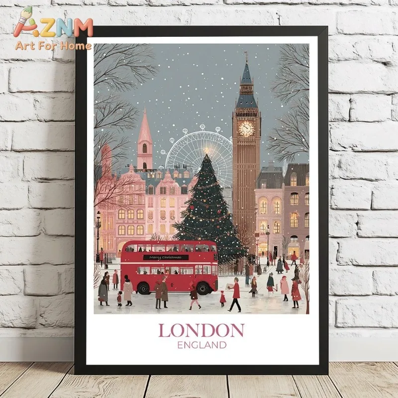 London England Christmas City Scene Canvas Wall Art Vintage Winter Travel Poster Holiday Home Wall Print Unframed Canvas Poster