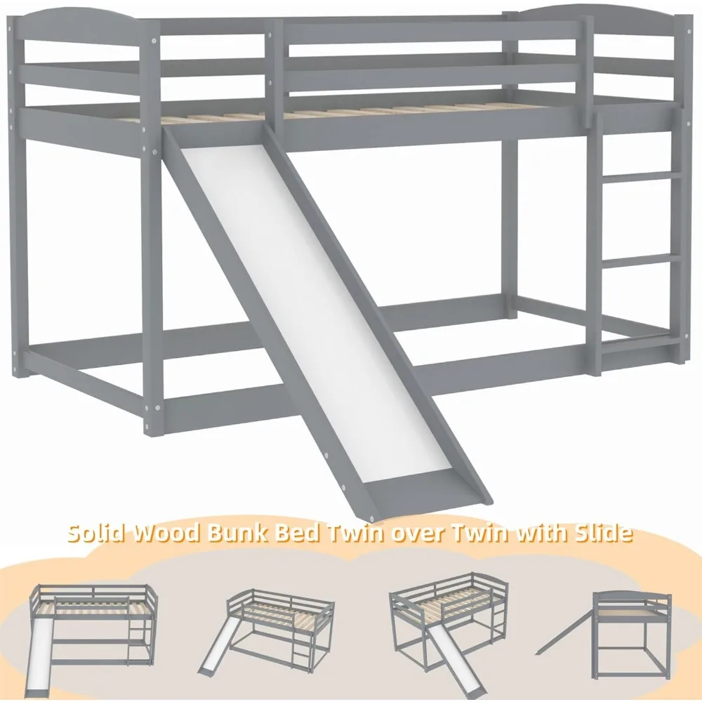 سرير مزدوج بطابقين منخفض مع منزلق، سلم، قضبان أمان، سعة 400 رطلاً للمراهقين والكبار #5