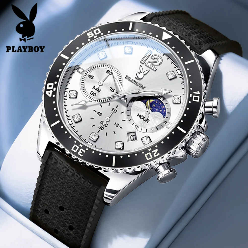 

PLAYBOY 3515 Fashion Brand Night Light Function Chronograph 30m Waterproof Silicone Watch Band 24 Hour Phase Moon Watch Men