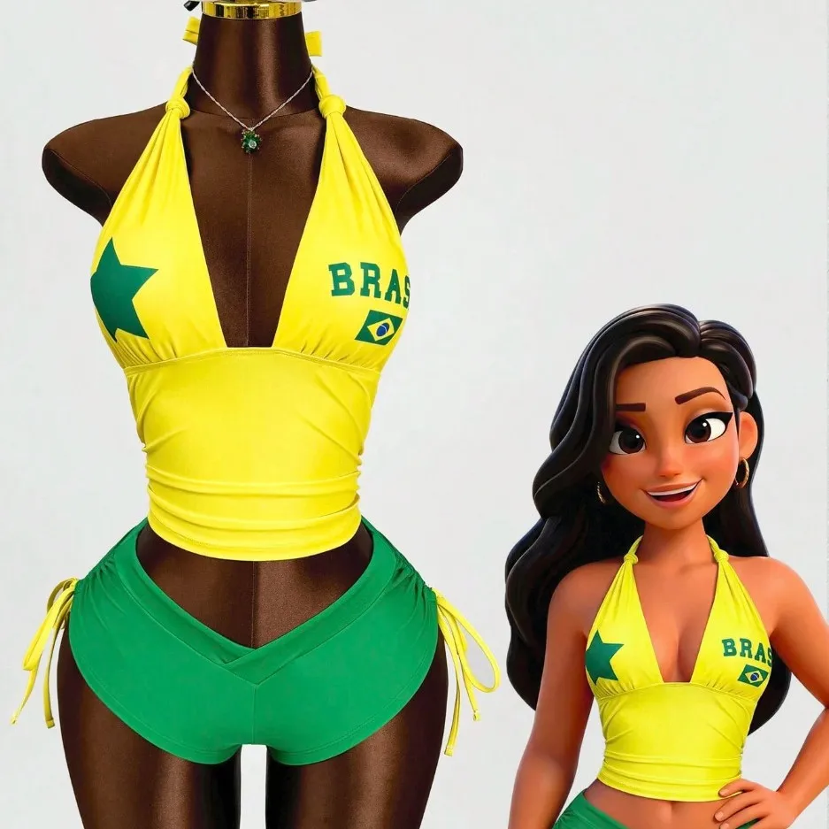 Women Brazil Flag Print Bikinis 2 Piece Outfit Yellow Halter Ruched Crop Top Green Side Drawstring Shorts Y2K Beach Vacation Set