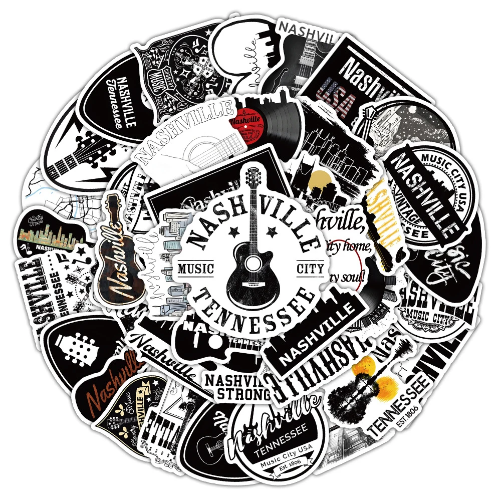 10/30/50pcs Black White Nashville Music City Stickers DIY Skateboard Helmet Stationery Phone Waterproof Cool Cartoon Sticker Toy