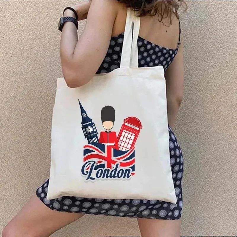 London UK Paris Printing Ladies Canvas Tote Casual Animal Shoulder Bag Eco Large Capacity Portable Travel Shopping Bag Schoolbag