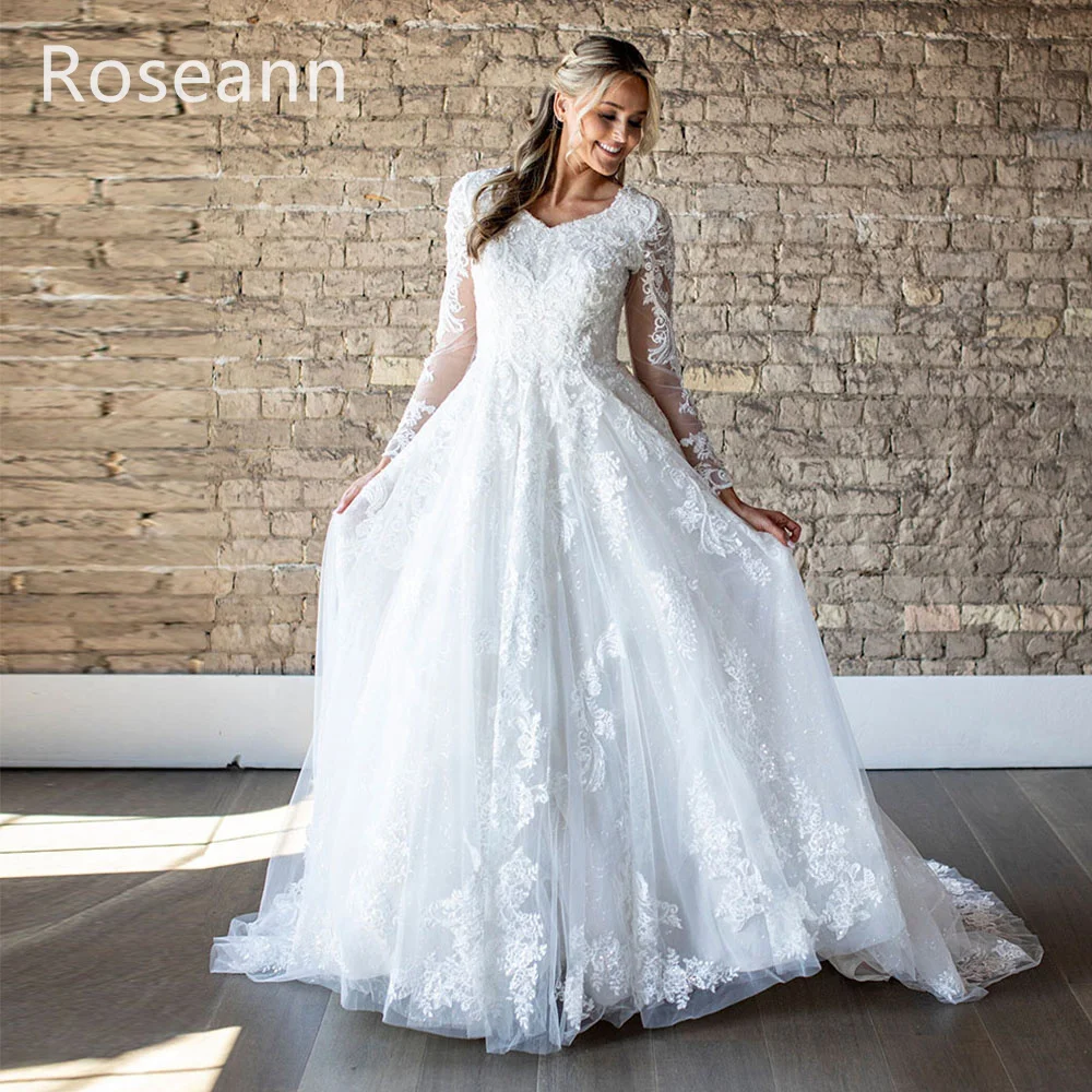 Vestidos De Casamento Muçulmano A-Line, Applique De Marfim, Decote Em V, Renda, Flores, Tule, Noiva Completa, Até O Chão, Requintado