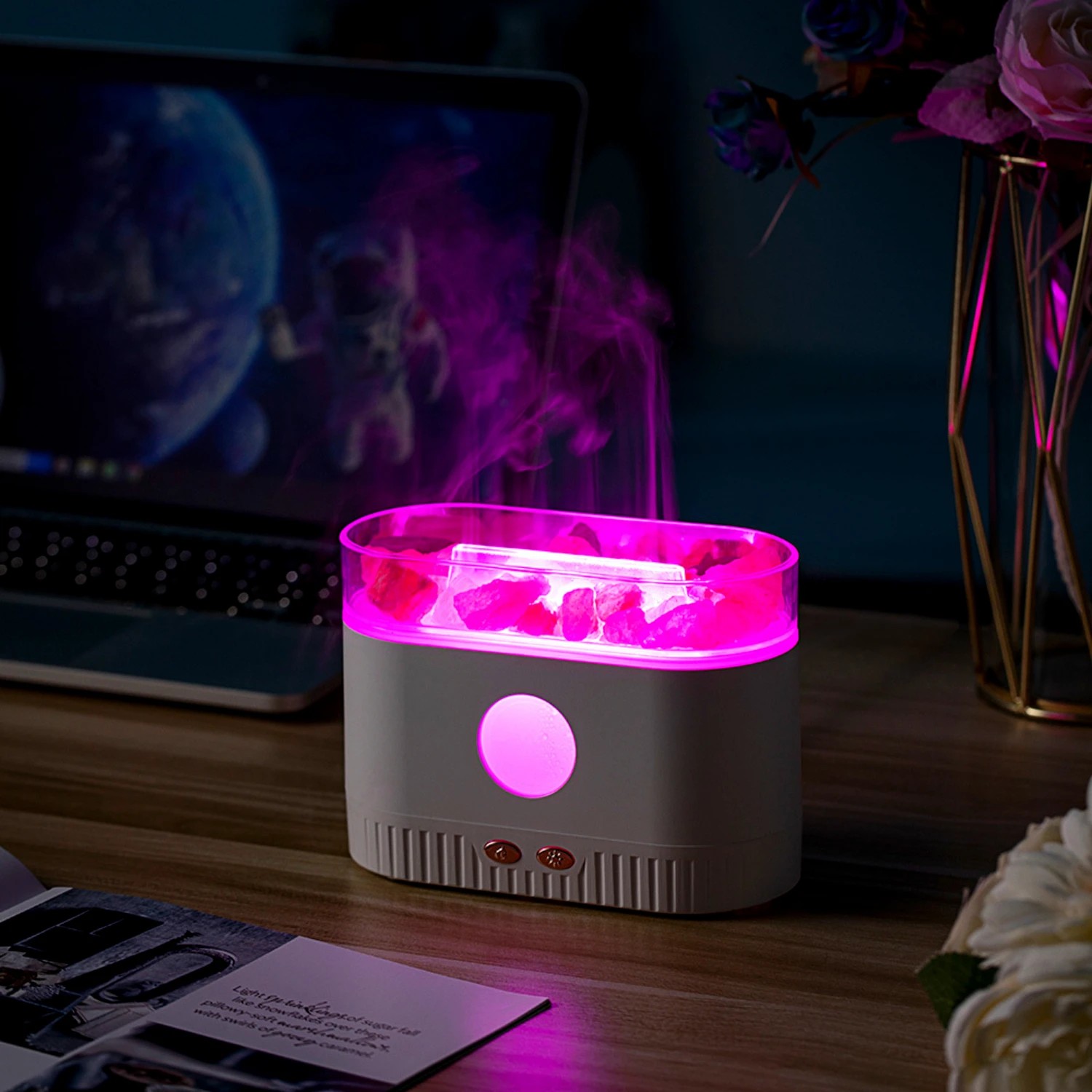 Air Humidifier Ultrasonic Cool Mist Maker LED Essential Oil 3D Effect Himalayan Salt Flame Lamp