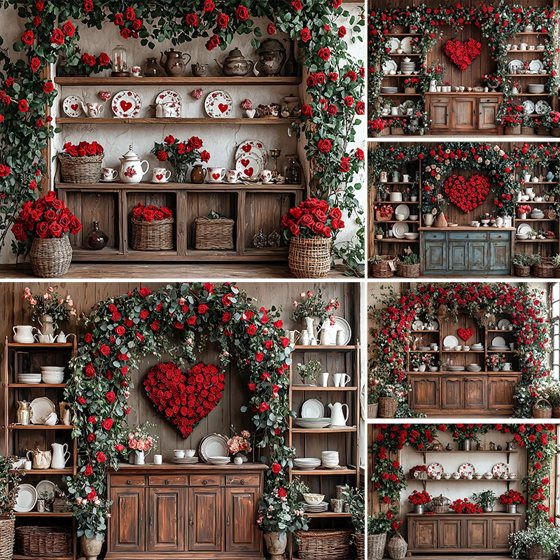 

LS Valentine's Day Kitchen Backdrop Wooden Cabinet With Red Rose Kids Lover Photography Kids Baby Photocall Red Heart Background