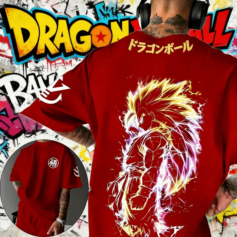 

2026Summer Dragon Ball Z Super Saiyan Goku Lightning Printed Cotton T-shirt Oversized Casual Unisex Tees for DBZ Fans Streetwear
