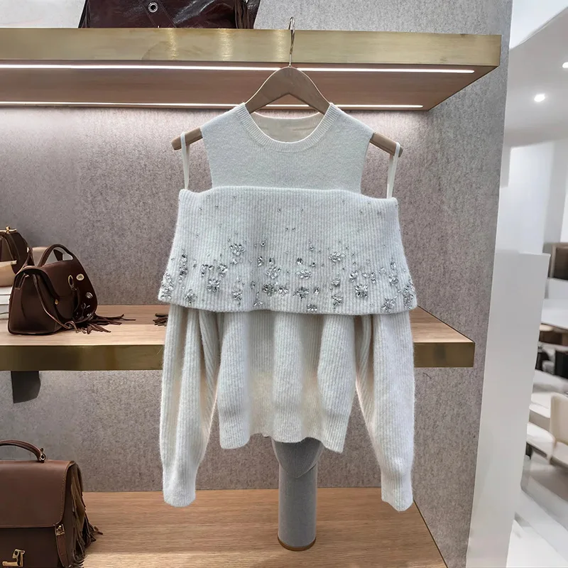 

2025 Autumn Winter Niche Lady Chic Cold Shoulder Fake Two-Piece Sweater with Rhinestones
