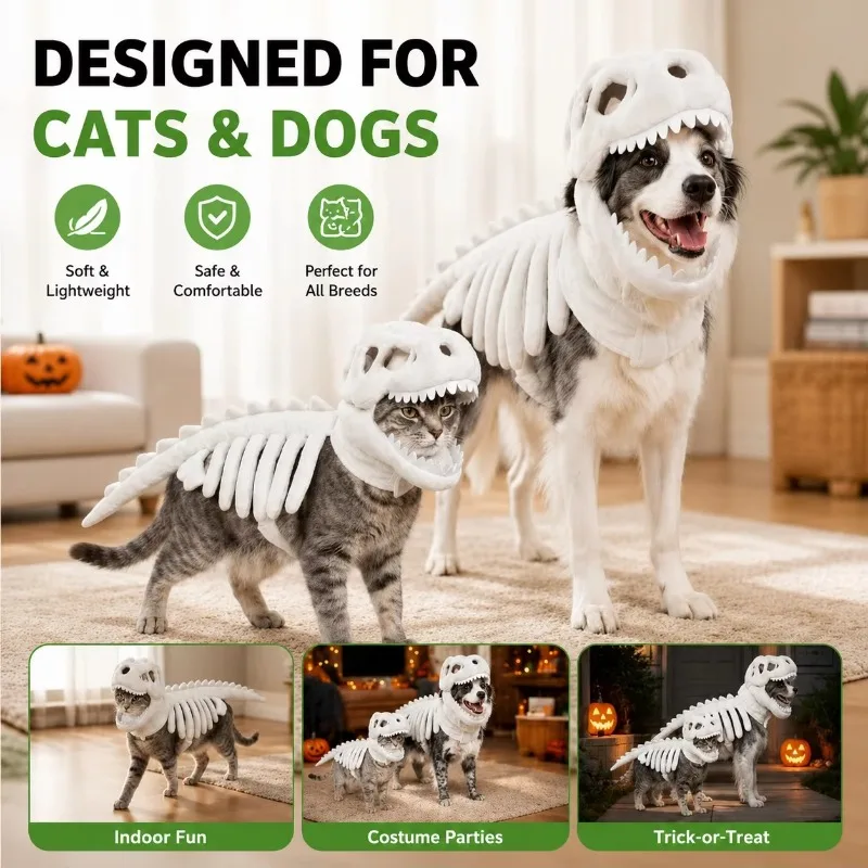Dinosaur Skeleton Pet Costume for Dogs Cats Halloween Cosplay Outfit Funny Pet Clothes Party Dress Up Costume Puppy view 2