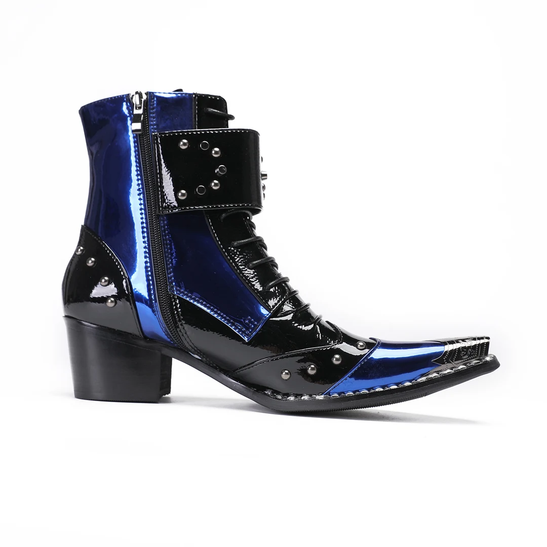 Black Blue Patchwork Patent Leather Men Short Boots Fashion Party Dress Boot Business Office Ankle Boot Plus Size Cowboy Boots