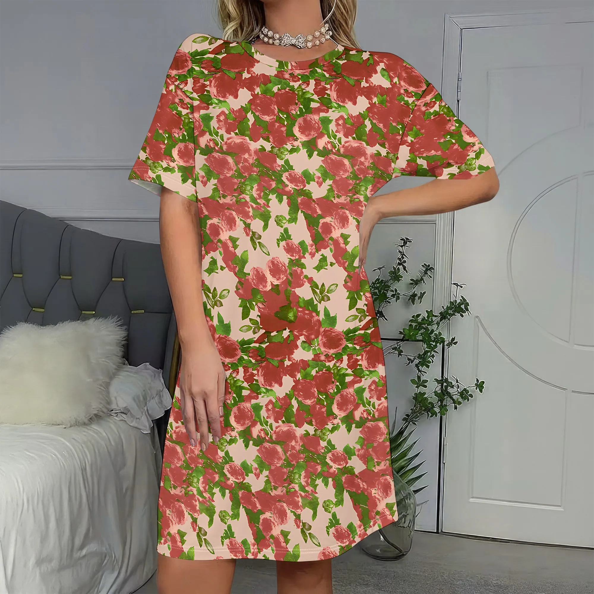 

Floral Short Sleeve Dress, Vintage Rose Print T-Shirt Dress, Summer Casual Mini Dress for Women, Beach Party Outfit, S-2XL