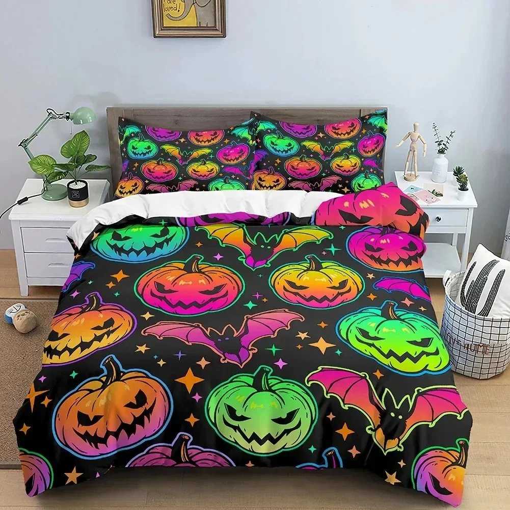 

Neon Color Duvet Cover Set King Rainbow Gradient Pumpkin Bedding Set Microfiber Quilt Cover Halloween Theme Twin Comforter Cover