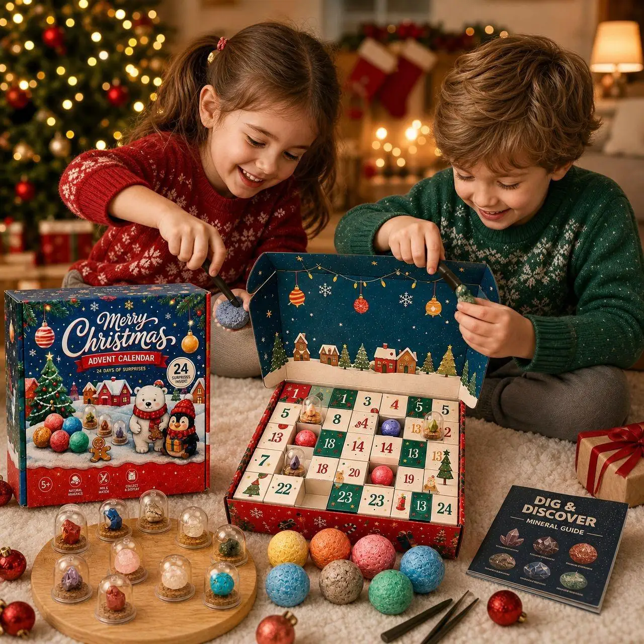 Merry Christmas Advent Calendar 2025, 24 Days of Surprises, Dig Discover & Collect Treasures, Natural Mineral Stones,