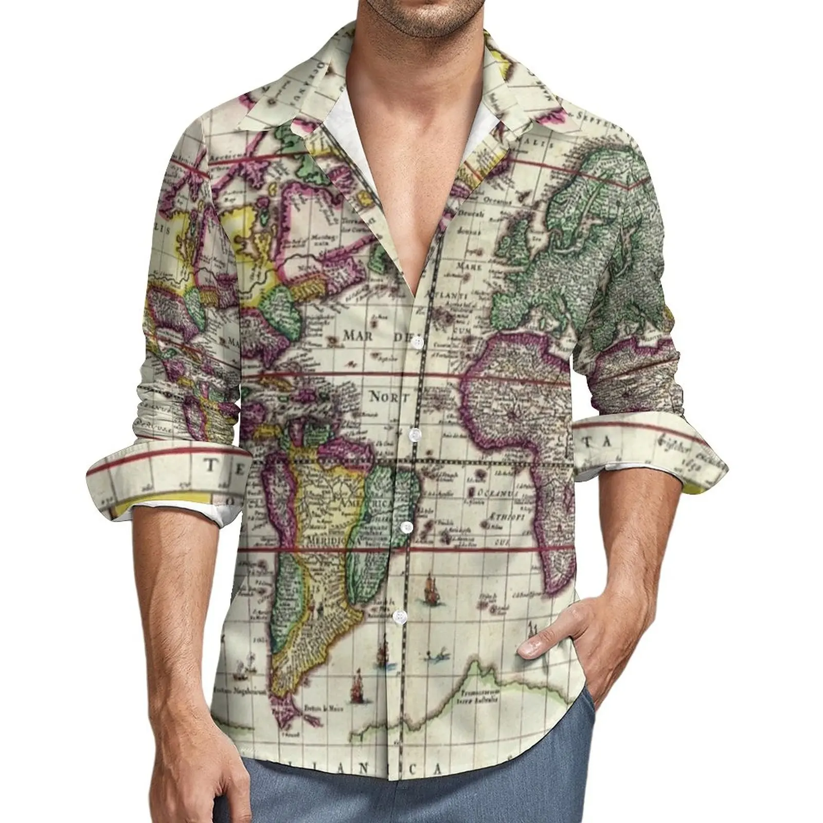 Fashion Earth Map Street Style Casual Shirt Men Vintage 3D World Map Print Shirt Autumn Vintage Blouses Long Sleeve Graphic Tops