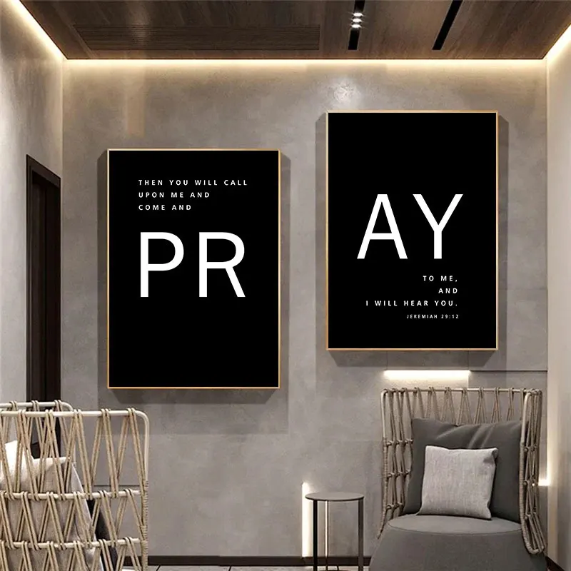 Minimalist Bible Quotes Canvas Poster Print Black White Pray Wall Decorative Picture for Living Room Bedroom Home Art Decor​