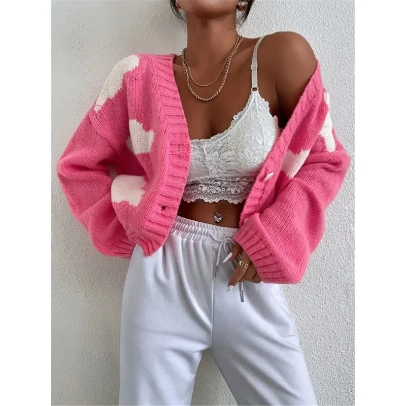 Women\'s Casual Loose Cloud Long Sleeve Knitted Cardigan Temperament Commuting Autumn New Fashion Women V-neck Short Sweater Coat