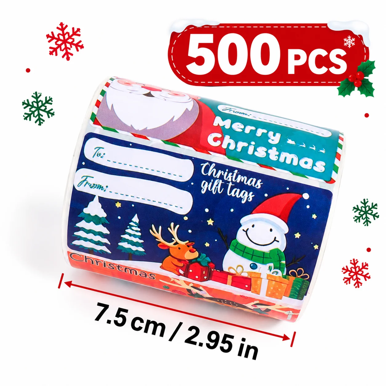 500PCS Christmas gift tag sticker rolls, self-adhesive and writable labels, suitable for gift and holiday packaging seals