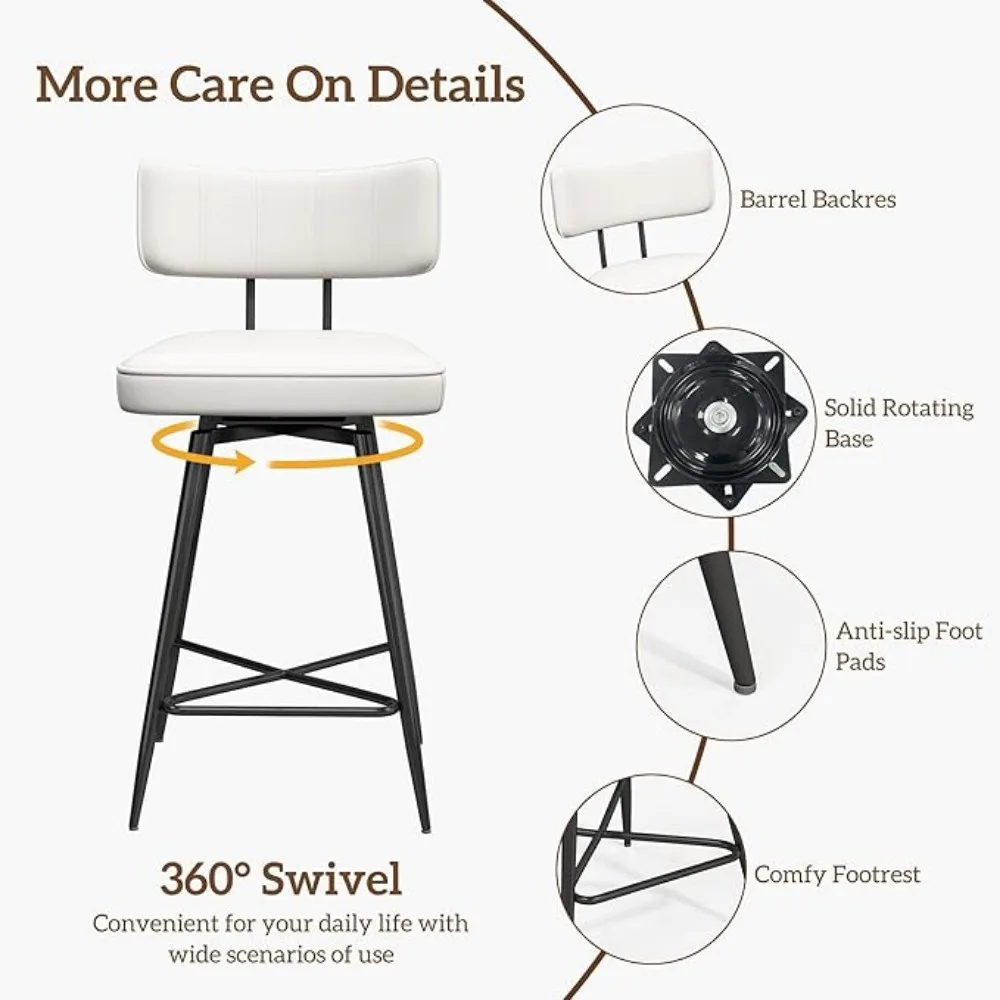 Swivel Bar Stools Set of 2, 26" Modern Counter Height Barstools, White Leather Kitchen Stools with Back Footrest Metal Legs