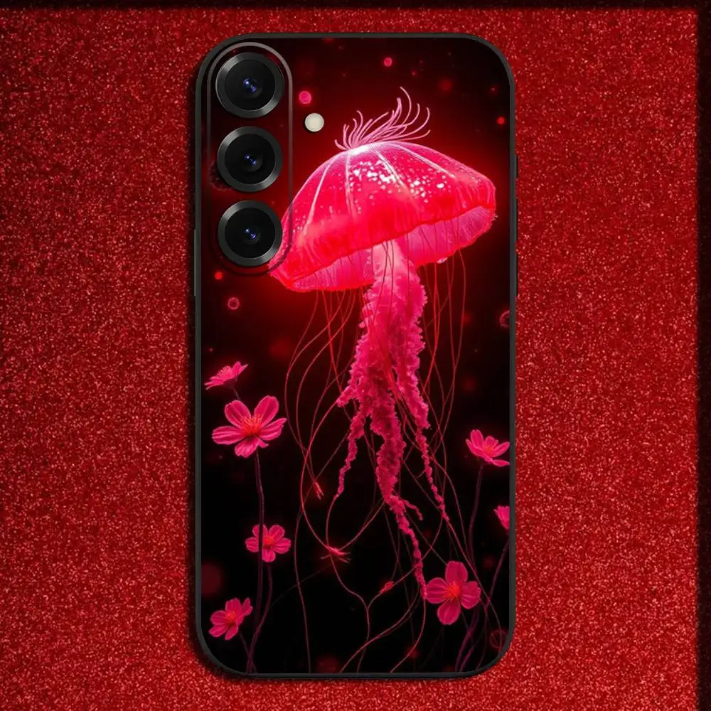 光るクラゲ柄スマホケース Samsung S25、S24、S21、S22、S23、S30、Ultra、S20、Plus、Fe、Lite、5G対応 ブラックカバー