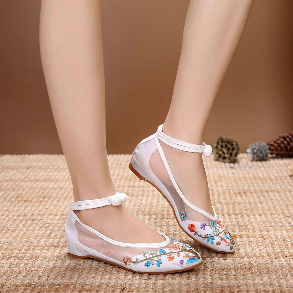 Veowalk Summer Gauze Fabric Women Pointed Toe Ballet Flats Chinese Style Ladies Breathable Ankle Strap Embroidery Dance Shoes