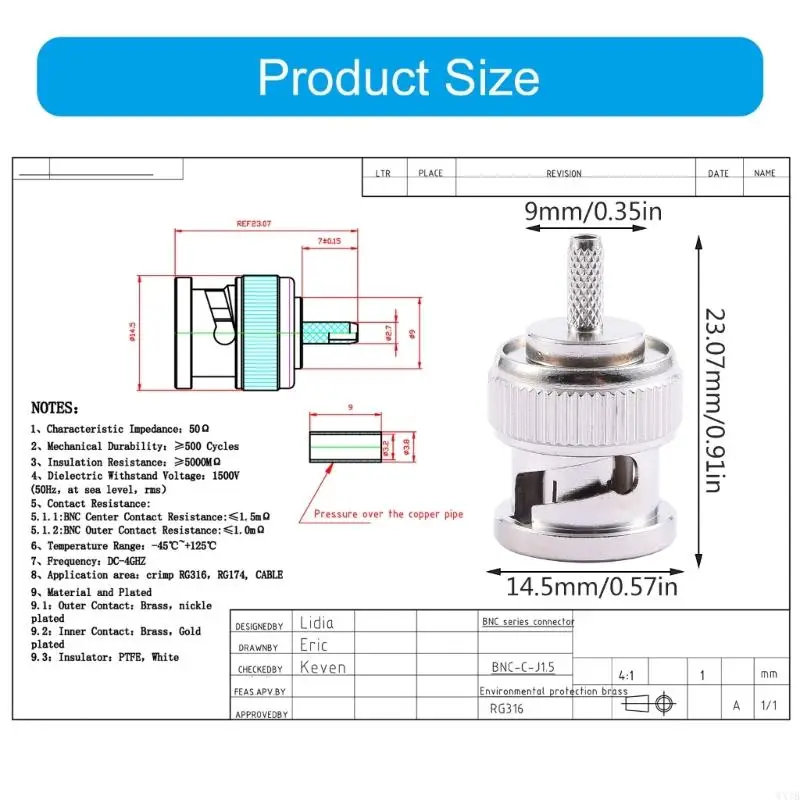 BNC C J1.5 신호 어댑터 BNC 무선 주파수를위한 수컷 스트레이트 크림프 커넥터