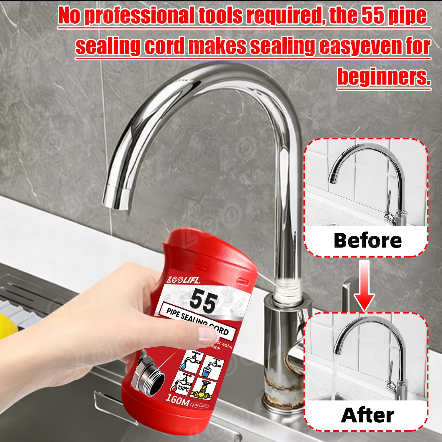 LOOLI80M-160MI-55 Magic Rope Pipe Thread Sealer - Instant Sealing, Replacement of Water and Gas Pipes, Water Heater Thread Tape