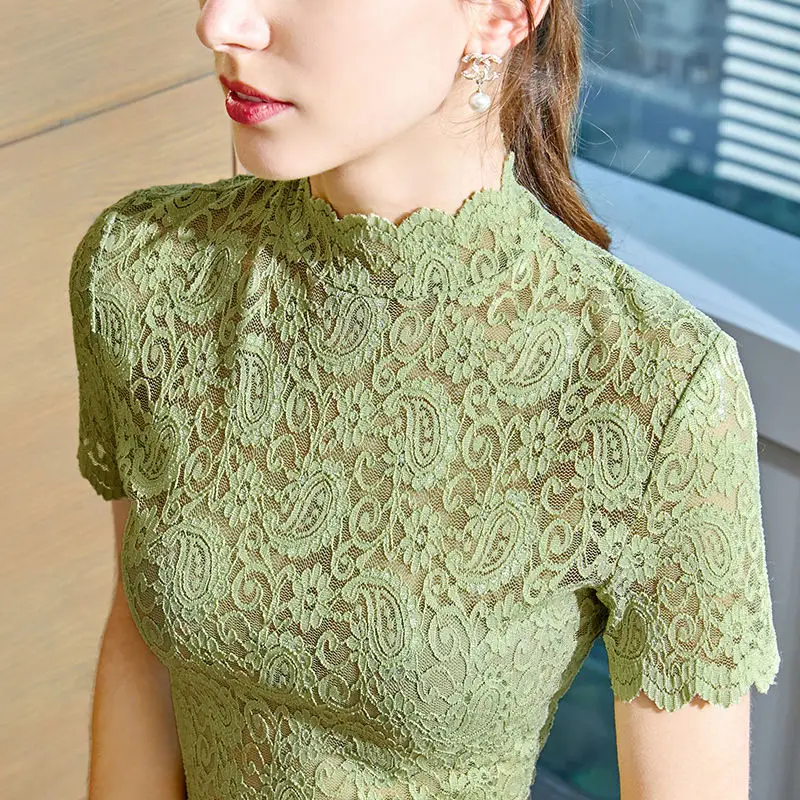 Elegant Vintage Lace Hook Flower Hollow Blouse Women 2023 Spring New Short Sleeve Stand Collar Pullover Slim Tops Shirts Female