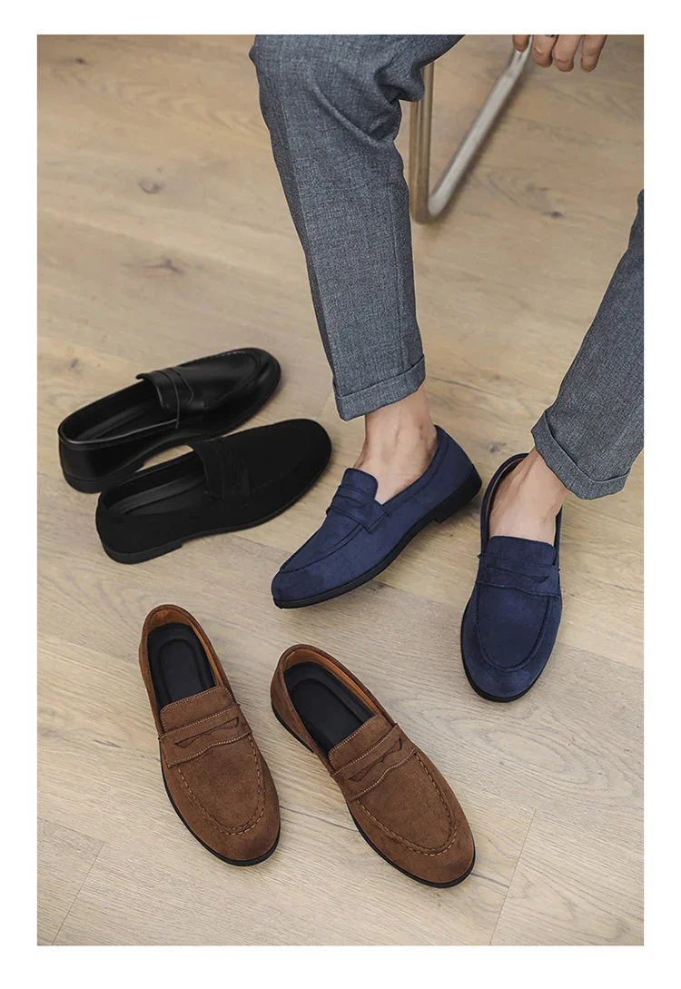 Retro Brown Men's Loafers Comfortable Suede Leather Casual Shoes Man Slip-on Shoes Flat Moccasins For Men zapatos de hombre