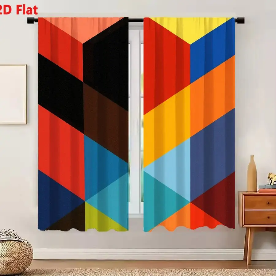 2Pcs Curtains 2D Flat Vibrant Abstract Geometric Pattern With Interlocking Cubes In Bold Primary Colors And Black Accents Window