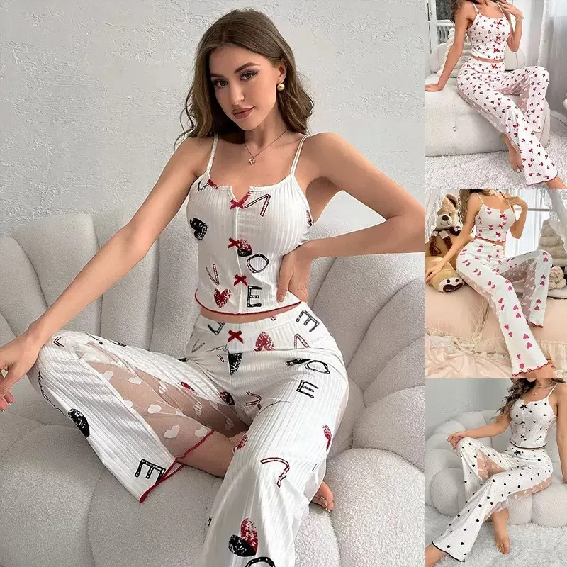 

Sheer Mesh Panel Lounge Set - Sexy Short Sleeve Top & Palazzo Pants | Floral Print Sleepwear