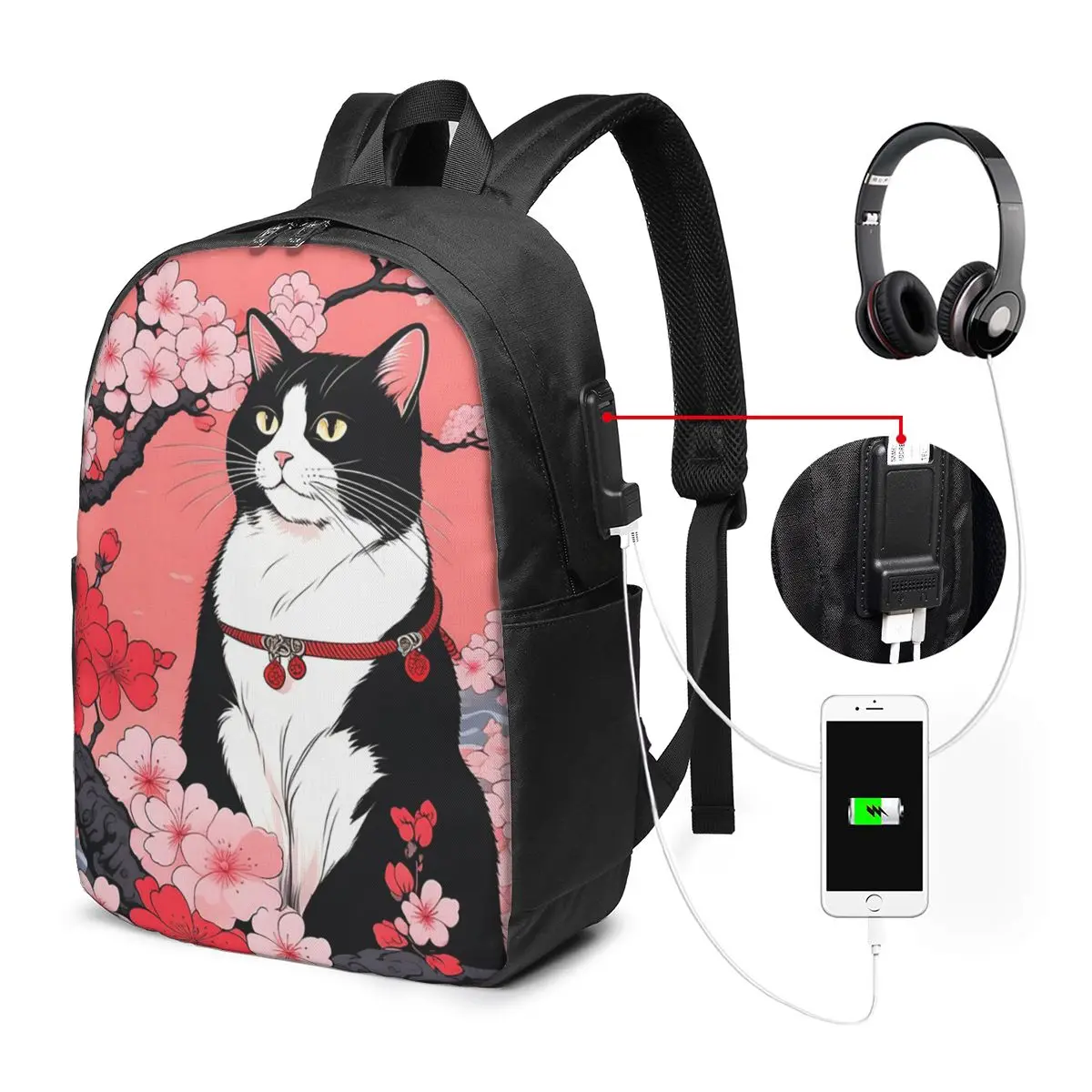 Ukiyo-E Style Cat And Cherry Blossom Backpack Travel Notebook Bag Computer College Student School Bag Laptop Shoulder Bags