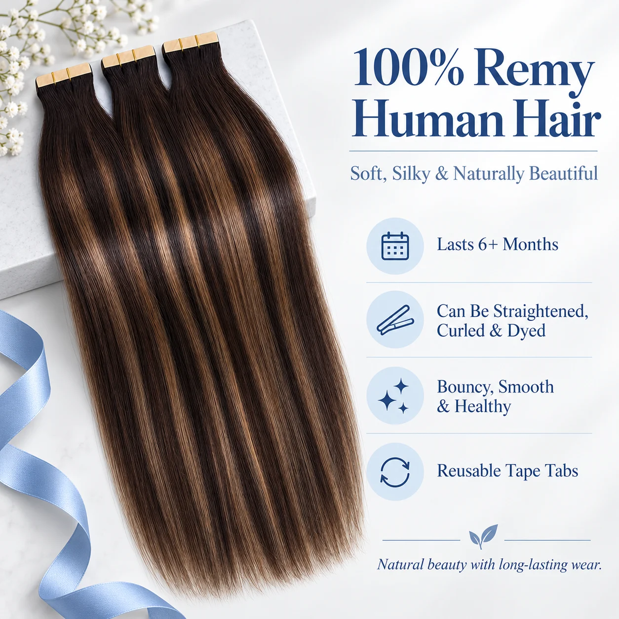 Invisible Seamless Tape In Hair Extensions Human Hair Raw 20 22 Inch 21pcs/pack PU Skin Tape Ins 100% Real Human Tape In Hair Extensions For Women T2/6/P2 Balayage Dark Brown to Chestnut Brown