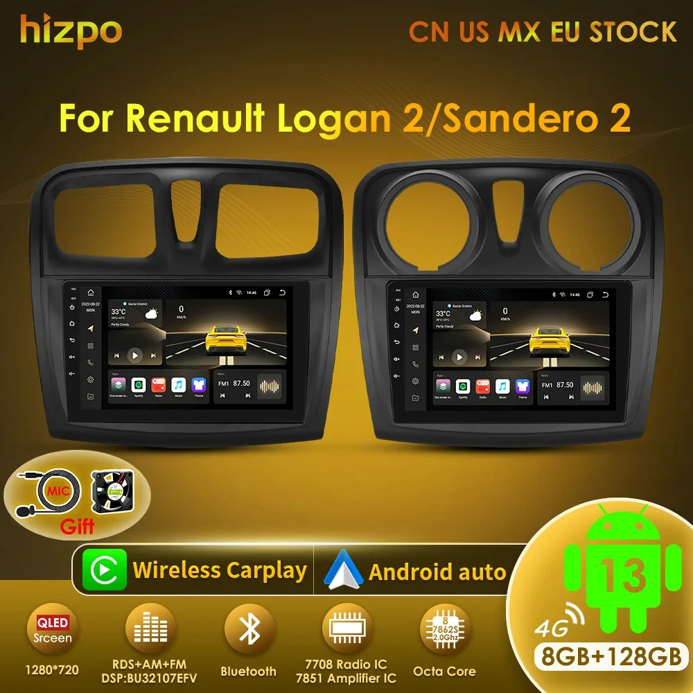 Hizpo Octa Core 7862 For Renault Logan 2 2012-2019 Sandero 2 2014-2019 Android 13 Car Radio CarPlay Android Auto GPS No 2din DVD