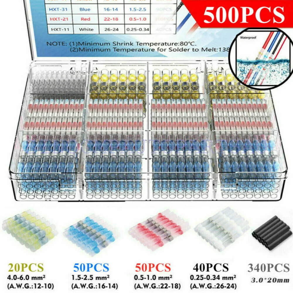 500pcs Waterproof Heat Shrink Butt Terminals Solder Seal Sleeve Wire Connectors For Boat Vehicle Home Or Scientific Project