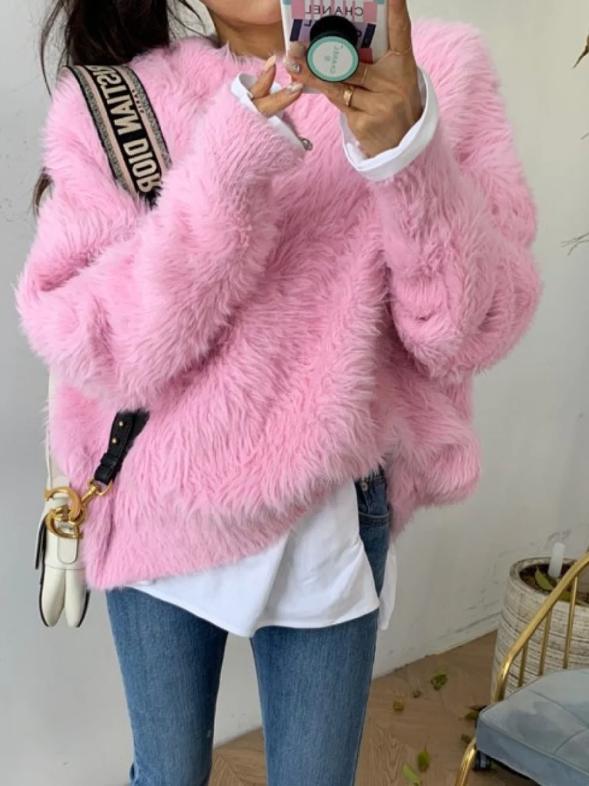 

Women's Loose Fit Thiened round Ne Sweater Faux Fur Warmth Pink Anti-Aging Fluffy Knitted Faionable Commute Pure Color