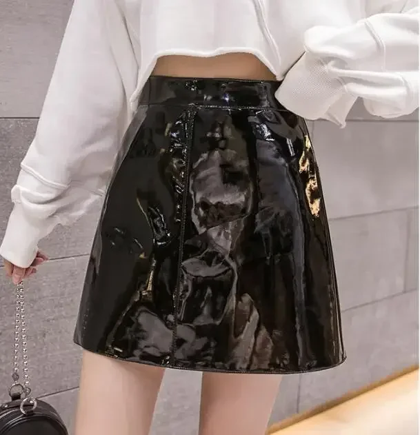 Fashion Y2K Aesthetic Latex Skirt Women Autumn Winter Mini PU Leather Skirts High Waist A-Line Black Blue Pink Red Skirt