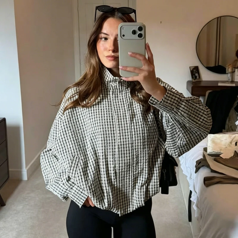 Women's Jackets Stand Collar Zip Up Cropped Coat Women Black White Gingham Jacket 2026 New Casual Long Sleeve Loose Fit Jacket