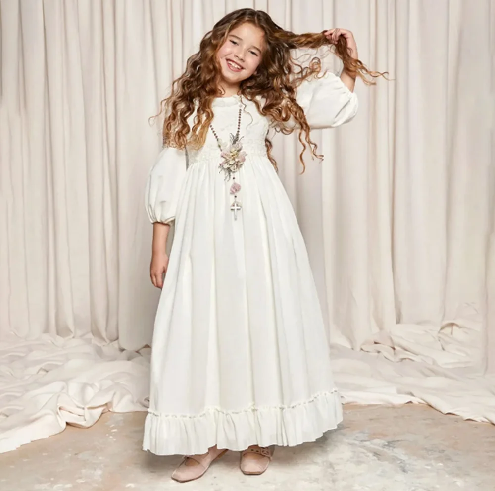 

Applique Elegant Princess First Communion Dress For Girl Long Puff Sleeve A Line Ankle Length Flower Girl Gown Customized