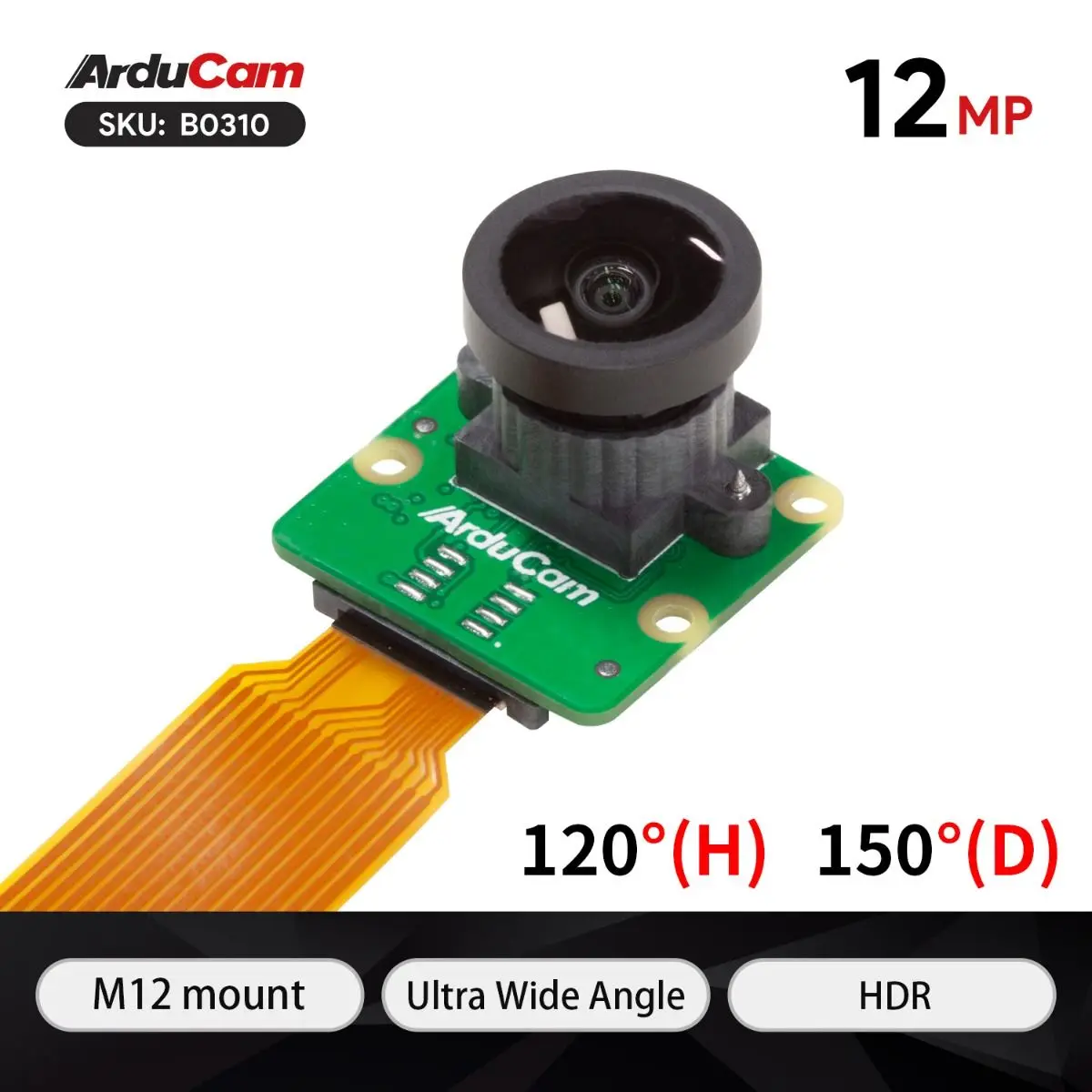 Arducam 12MP IMX708 HDR 120° Wide Angle Camera Module with M12 Lens for Raspberry Pi