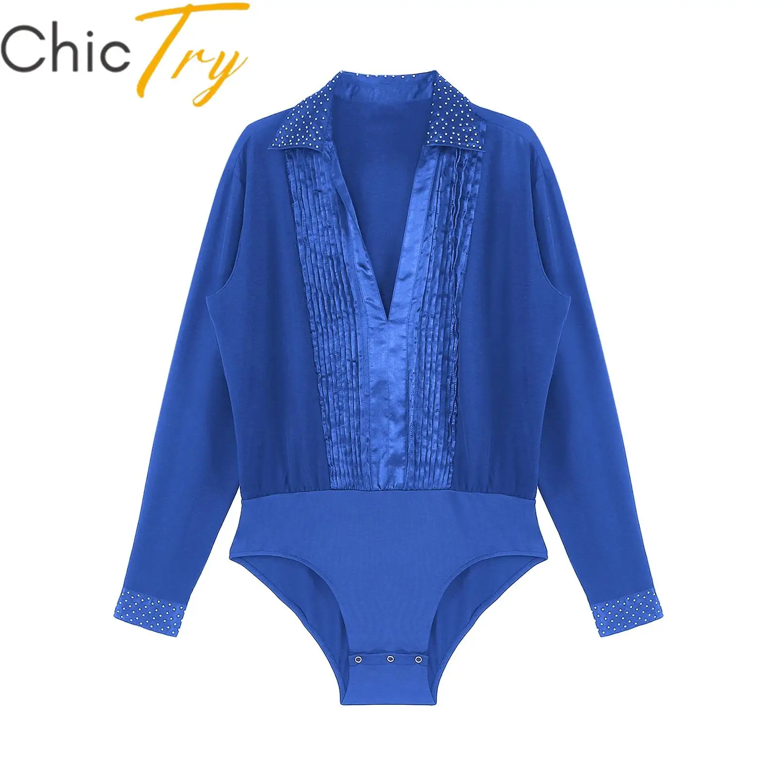 

Mens Latin Dance Leotard Stage Competition Costume Rhinestones V-neck Long Sleeve Pleated Bodysuit Figure Ice Skating Dancewear