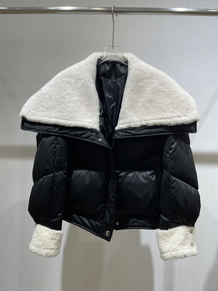 Fashion Winter Warm Women's Coat Thick White Goose Down Jacket With Real Big Merino Sheep Fur Collar Jacket Female Streetwear