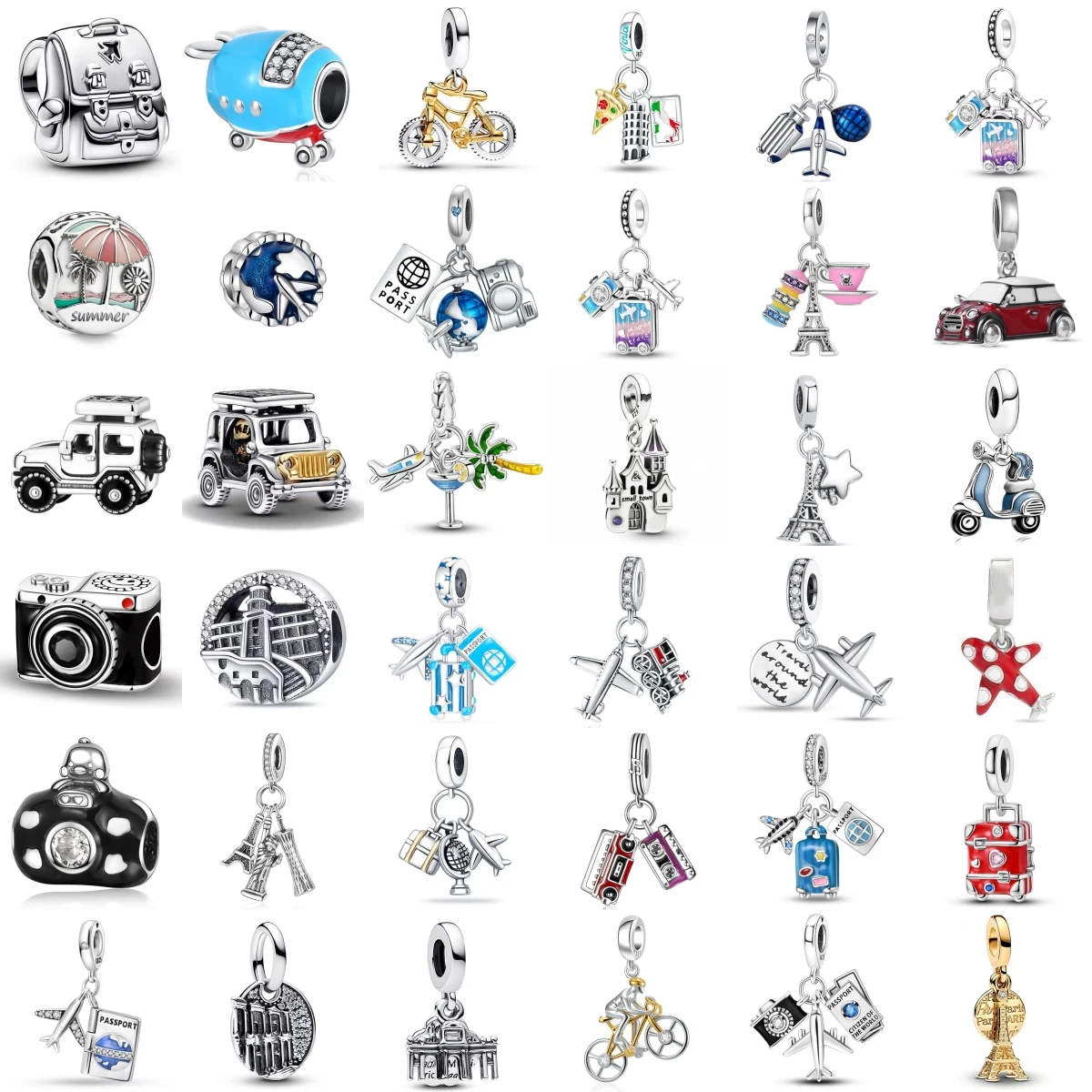 

New 925 Silver Travel Camera Airplane Eiffel Tower Suitcase Charms Beads Fit Original Bracelet Necklace KeyChain Diy Jewelry